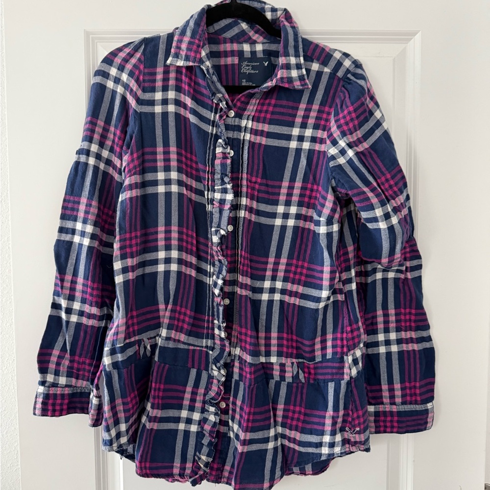 American Eagle Outfitters Navy and Pink Plaid Shirt